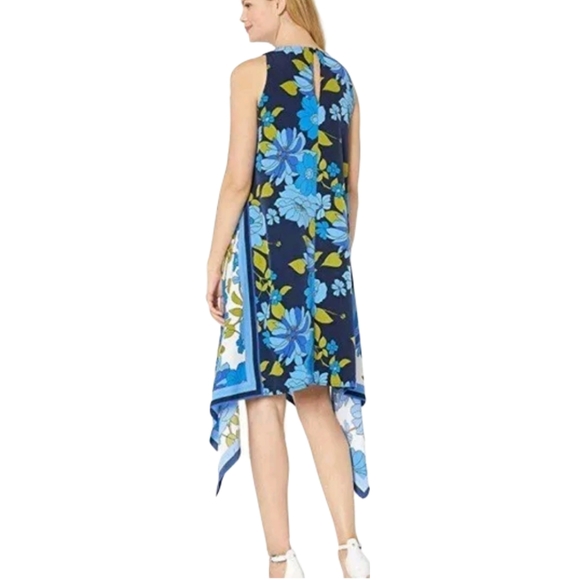Maggy London Asymmetrical Blue Multicolored Floral Print Scarf Dress - Picture 2 of 7